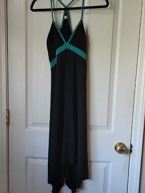 Black High-Low Maxi Dress with Teal Trim - Women's Strappy Summer Dress